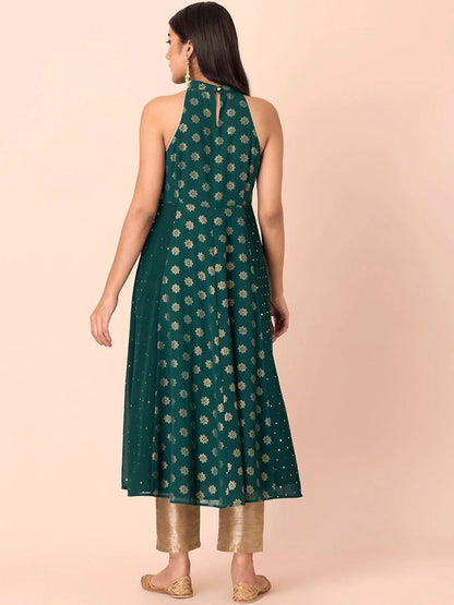 Indya Green Floral Printed Halter Neck Georgette Kurta With Zari Detail