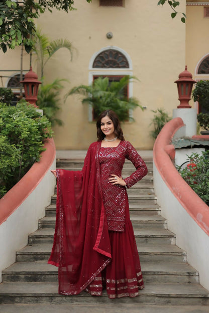 Vastranavya Premium Designer Heavy Sequins & Thread Embroidered work Top Sharara & Dupatta - Maroon