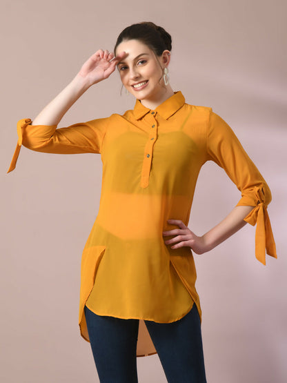 Myshka Women's Yellow Solid Georgette Longline Party Sheer Tunic