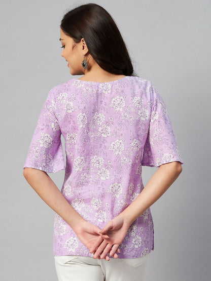 Miravan Women's Lavender-Coloured Bell Sleeve Floral Print Kurti