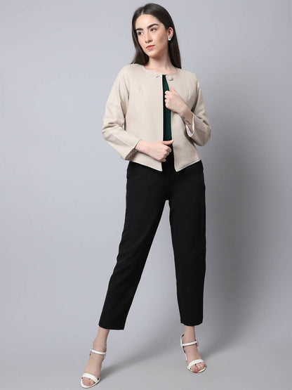 Even Apparels Cream Linen Cotton Open Front Statement Women's Jacket