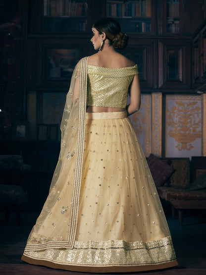 Wedding Designer Sequene Zari Resham Embroidery Cream Net Lahengha Choli - Anbazaar