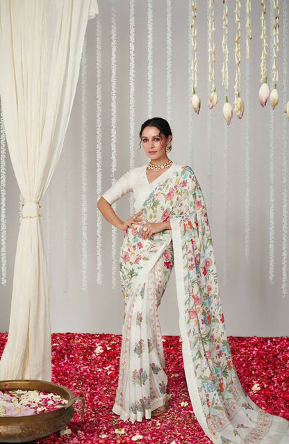 Partywear Designer White Bright Moss Fancy Saree - Durga