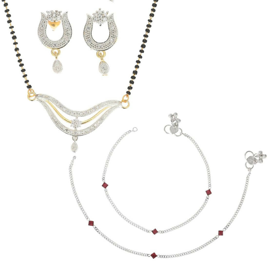 AanyaCentric Gold-Polished Mangalsutra Pendant Earring Set & Silver Plated Anklet