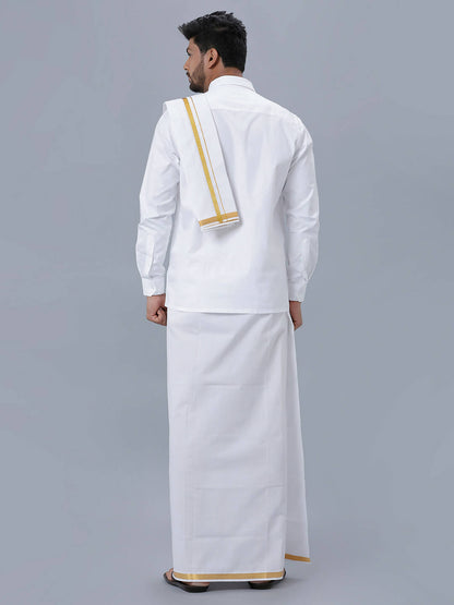 Ramraj Cotton Premium Wedding White Readymade Dhoti, Shirt & Towel Set Dhanvanthri