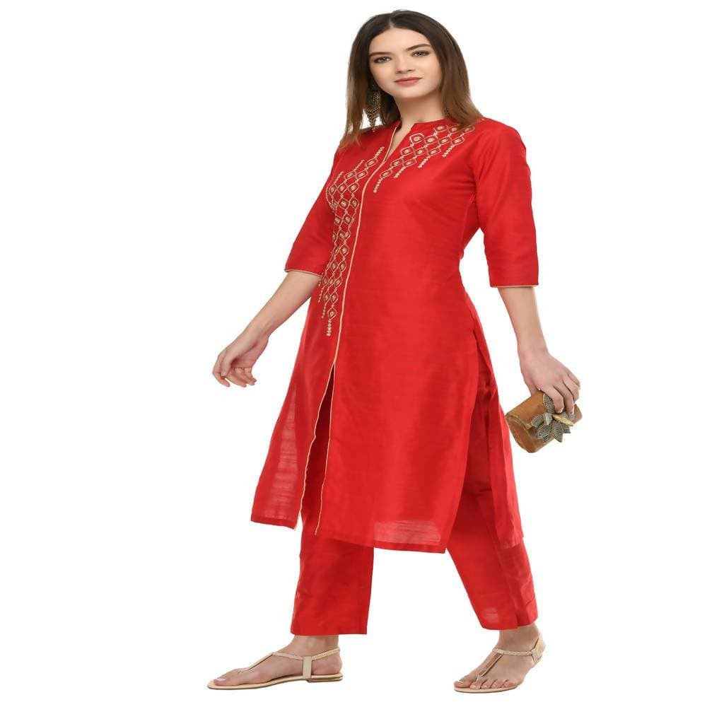 Lagi Women's Red Poly silk Straight Embroidred Kurta Pant (RO115B)