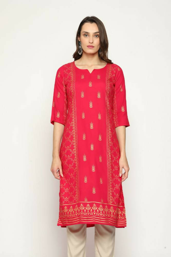 Maai Rayon Hand Printed Kurta Red
