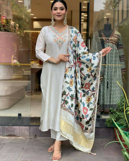 The52 Off White Women's Gorgeous Embroidered Viscose Chanderi Fabric Straight Kurta Pant with Dupatta Set