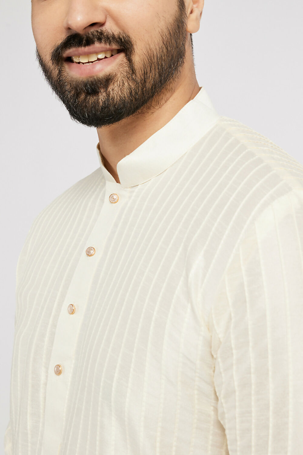 Ethnic India Cream Men's Kurta Striped Polyester
