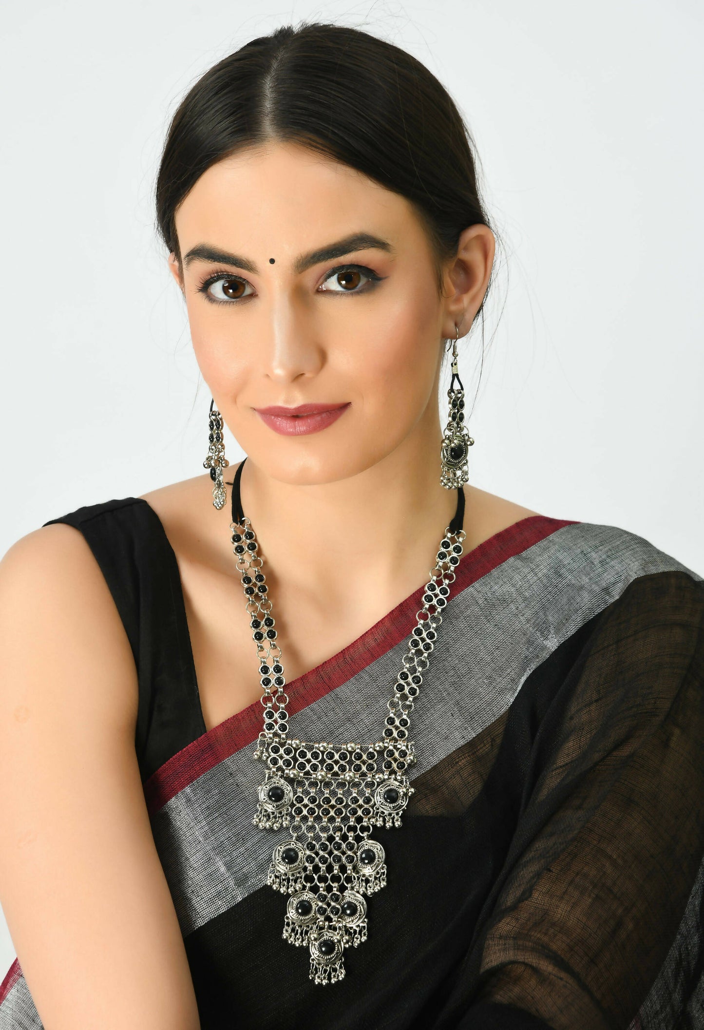 Mominos Fashion Johar Kamal Oxidised Silver-Plated Brass Finish Black Kundan Afghani Long Necklace For Women