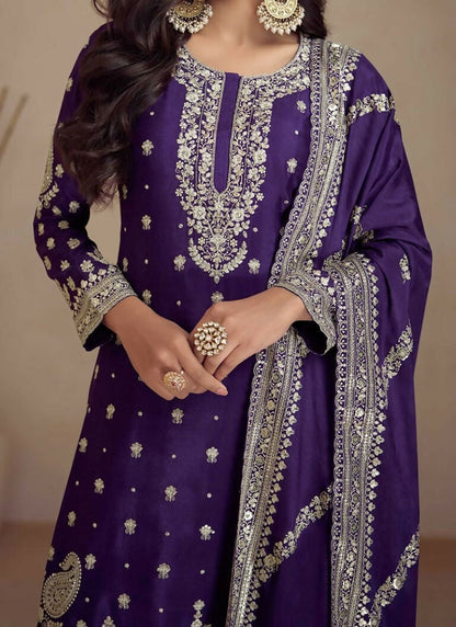 Vastranavya Glamorous Purple Chinon Palazzo Suit With Intricate Sequins Embroidery Work with Dupatta