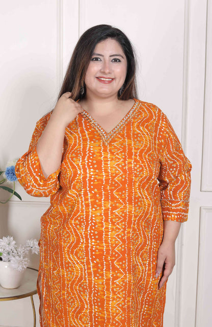 Miravan Women's Plus Size Yellow Bandhani Printed Straight Kurta