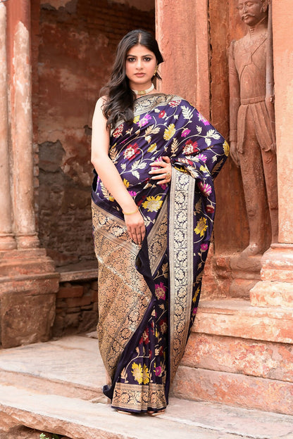 Joban Fashion Plum Purple Pure Katan Pure Handloom Banarasi Silk Saree