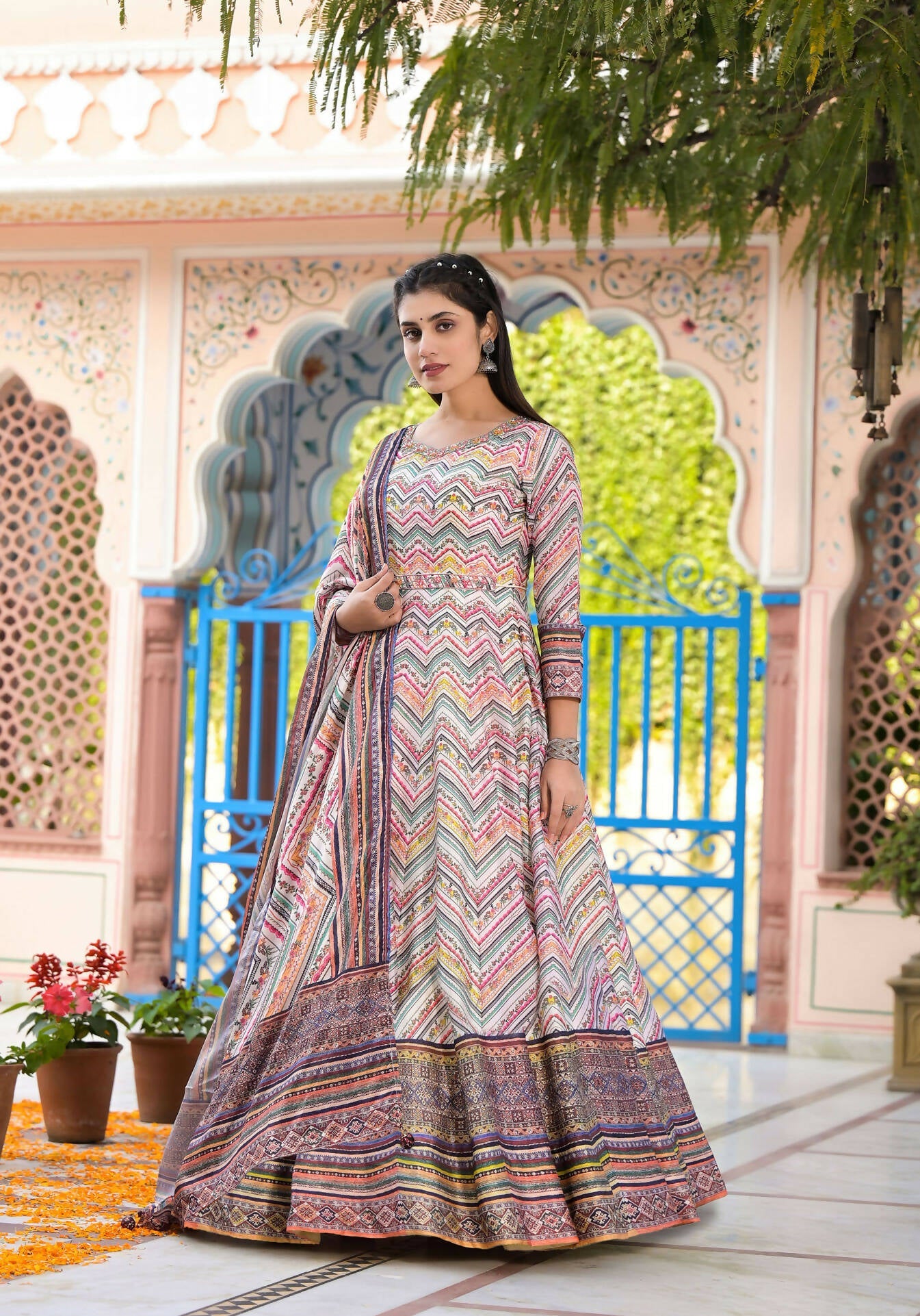 Functional Designer Off White-Muliti Dola Silk Anarkali suit with Dupatta - Ramya