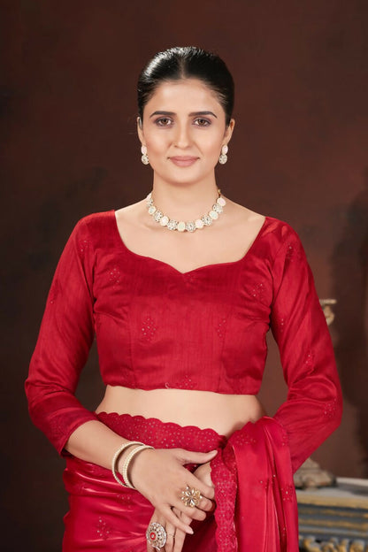 Vastranavya Red Jimmy Choo Silk 3mm Sequence work with Cross Stitch Embroidery work & Cutwork Border Saree