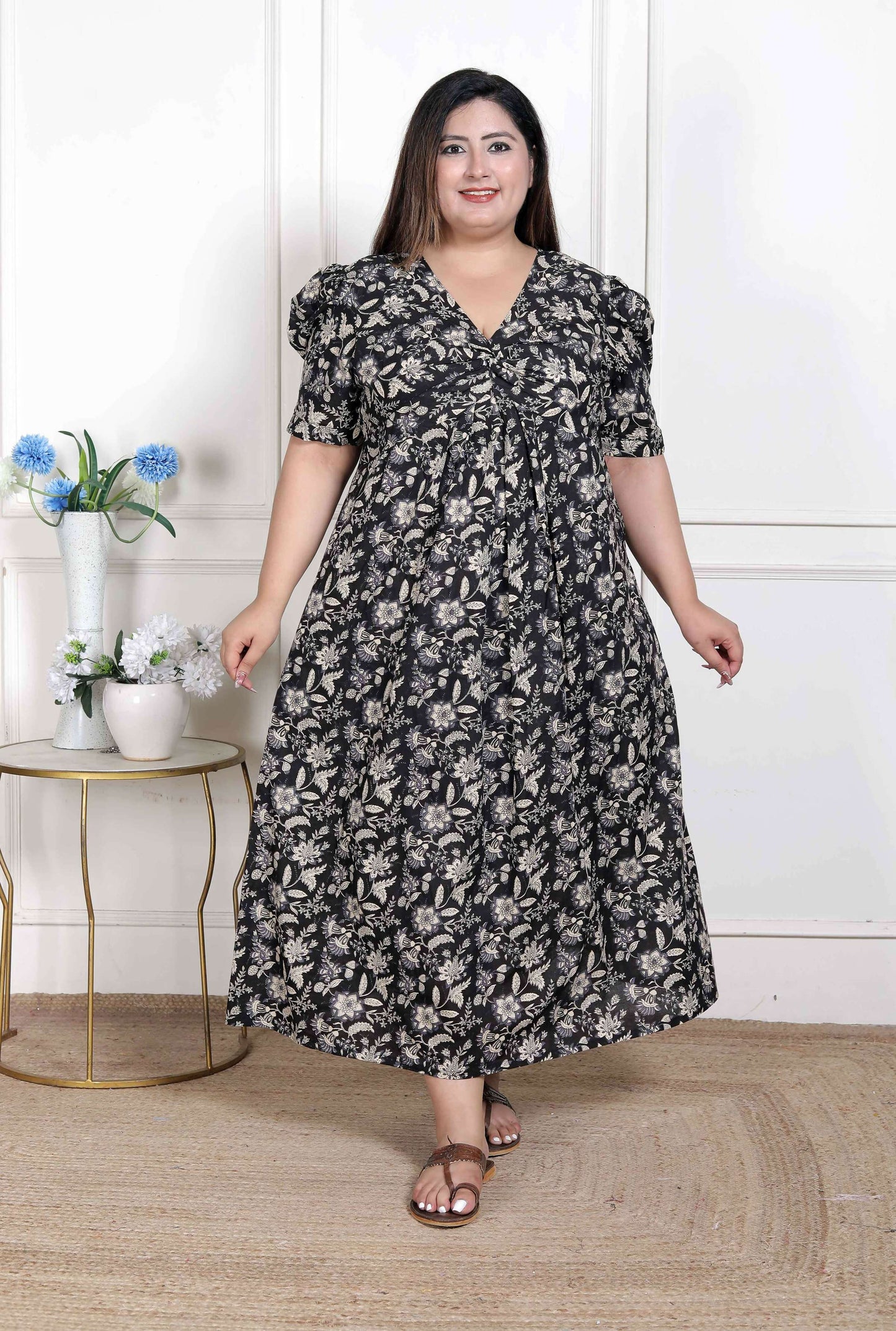 Miravan Women's Plus Size Pleated Puff Sleeve Floral Pure Cotton Black And White Butterfly Maxi Dress
