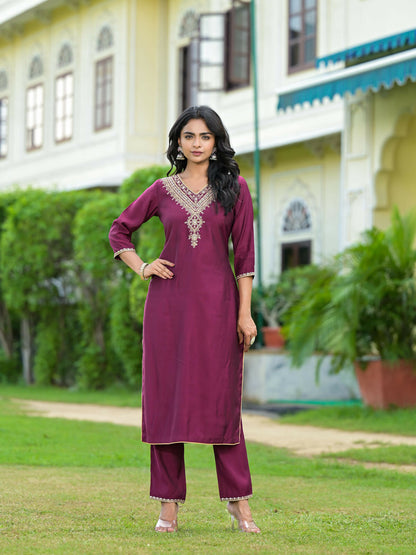 Juniper Women's Wine Solid Viscose Kurta Pant With Dupatta Set With Zari & Mirror Embroidery