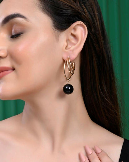 VOJ Set Of 2 Korean Drop Earrings - Gold-Polished With Black Pearl and Silver Plated With White Pearl Earrings