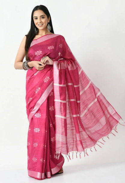 Mominos Fashion Moeza Magenta All Over Buti Handloom Silk Saree with unstitched Blouse piece