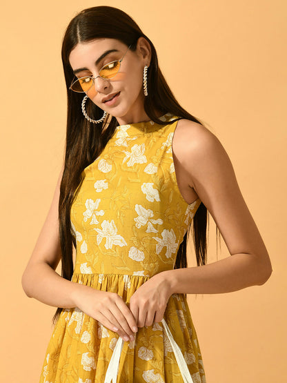Myshka Women's Yellow Fit and Flare Party Dress