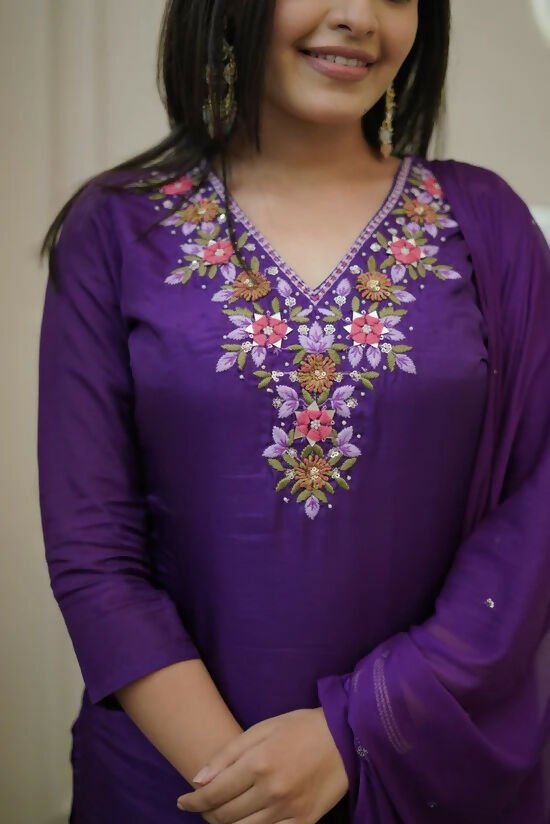 The52 Purple Women's Gorgeous Vichitra Fabric Embroidered Work Straight Kurta Pant and Dupatta Set