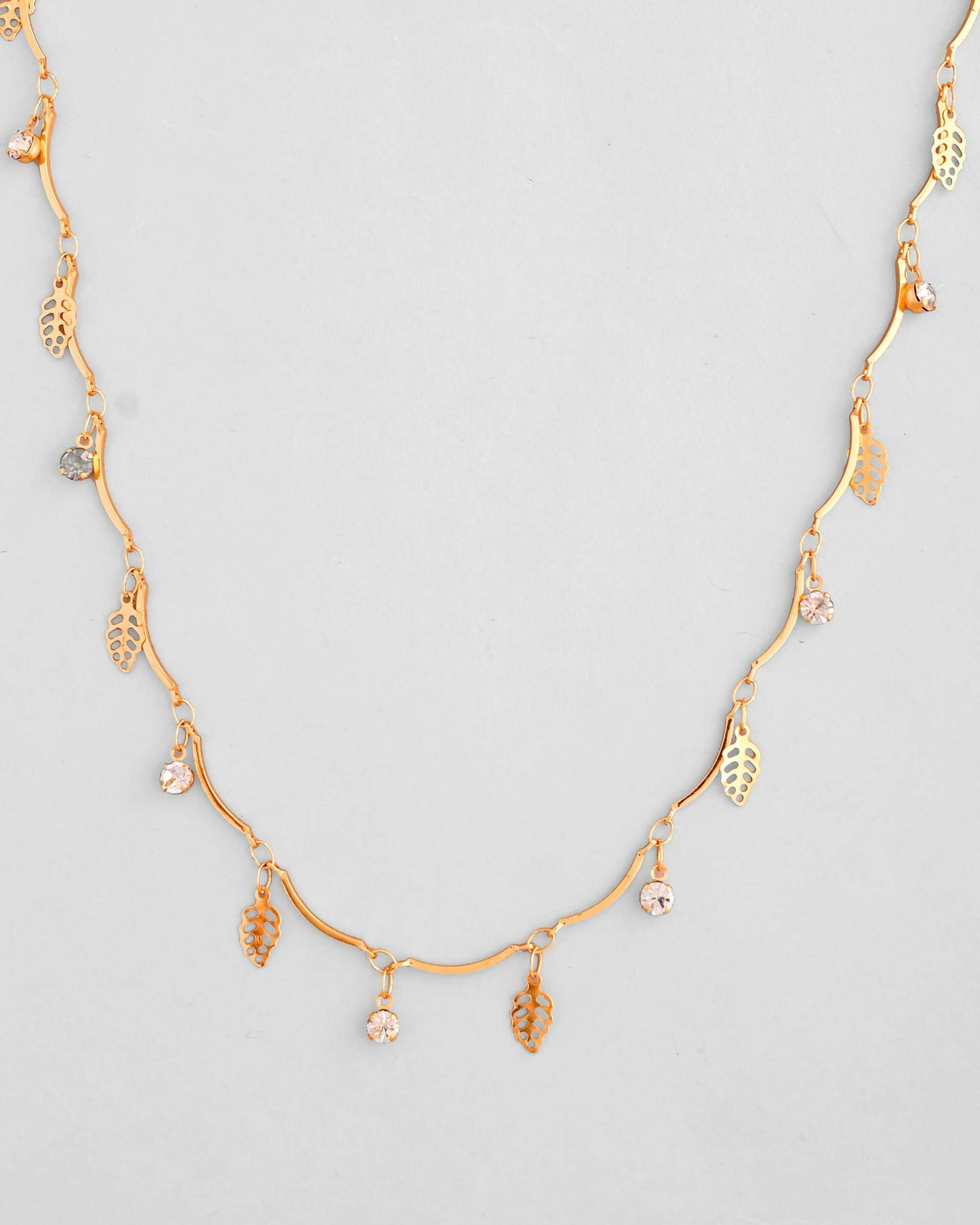 VOJ Gold-Polished Designer Chain For Women With AD Stone And Leaf
