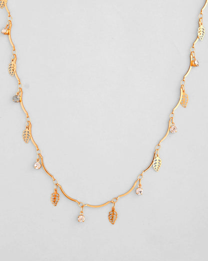 VOJ Gold-Polished Designer Chain For Women With AD Stone And Leaf