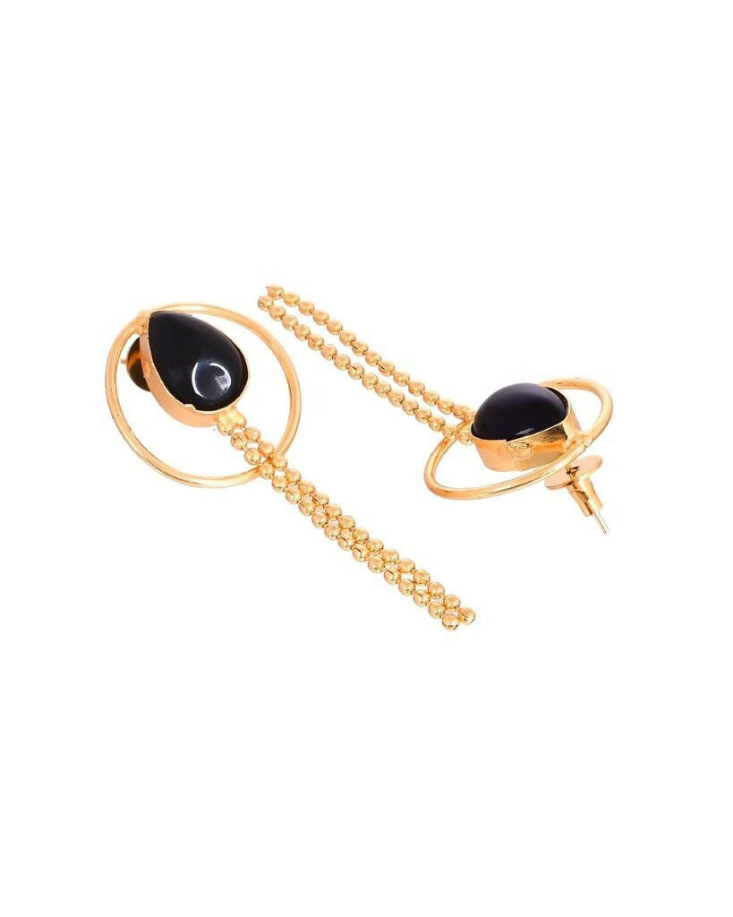 VOJ One Gram Gold-Polished Drop Shaped Black Stone Studded Earrings