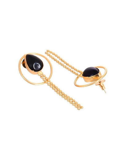 VOJ One Gram Gold-Polished Drop Shaped Black Stone Studded Earrings