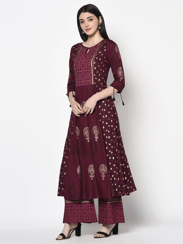 Indian Clothing Aniyah Rayon Wine Color Block Print Anarkali Kurta (AN-172K)
