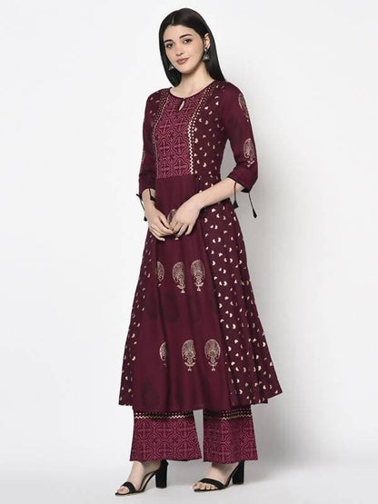 Indian Clothing Aniyah Rayon Wine Color Block Print Anarkali Kurta (AN-172K)