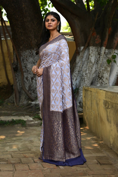 Joban Fashion Pastel Blue Crepe Chiffon Pure Handloom Banarasi Silk Saree